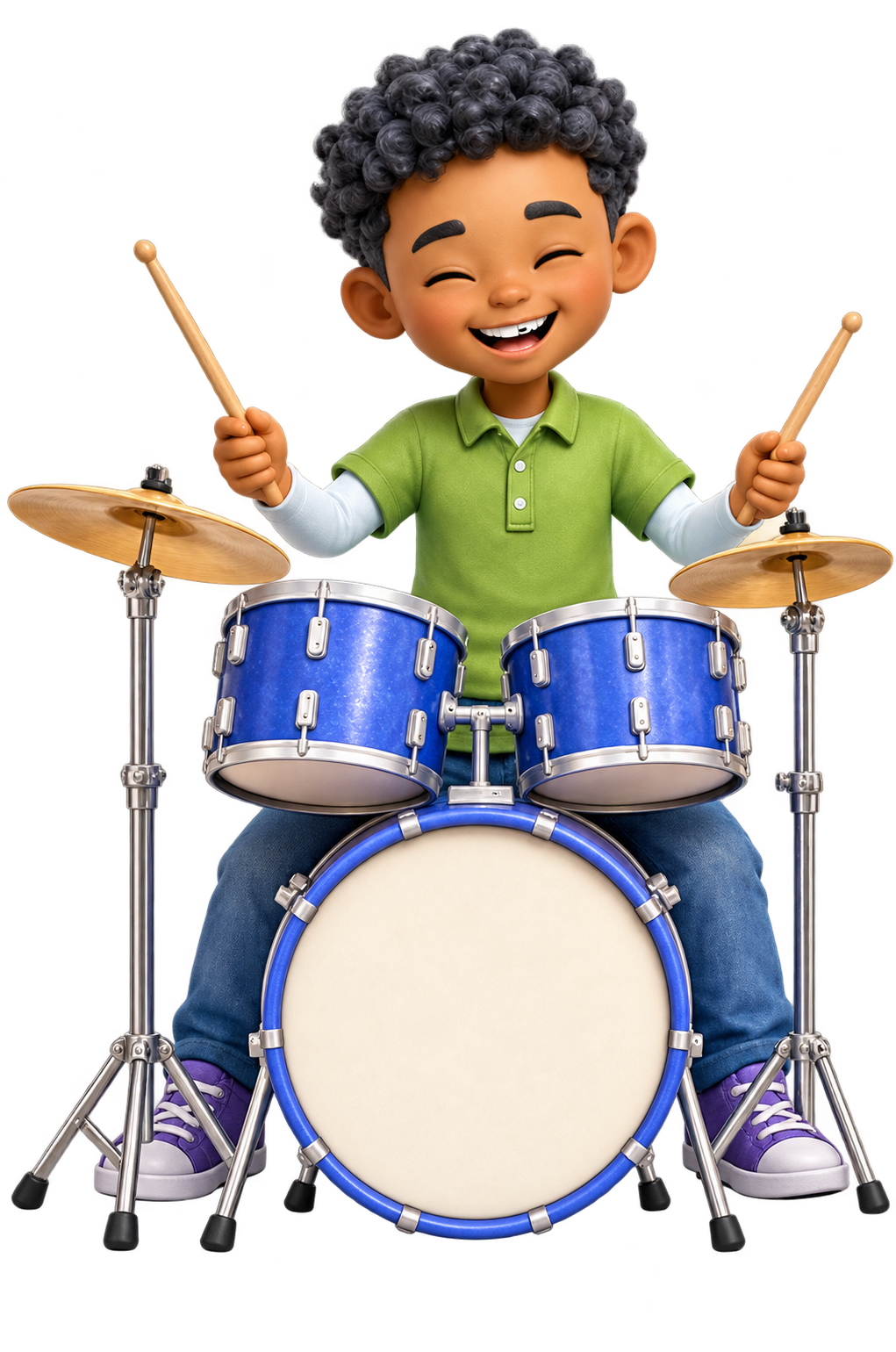 Bryce, wearing a green shirt and playing blue drums