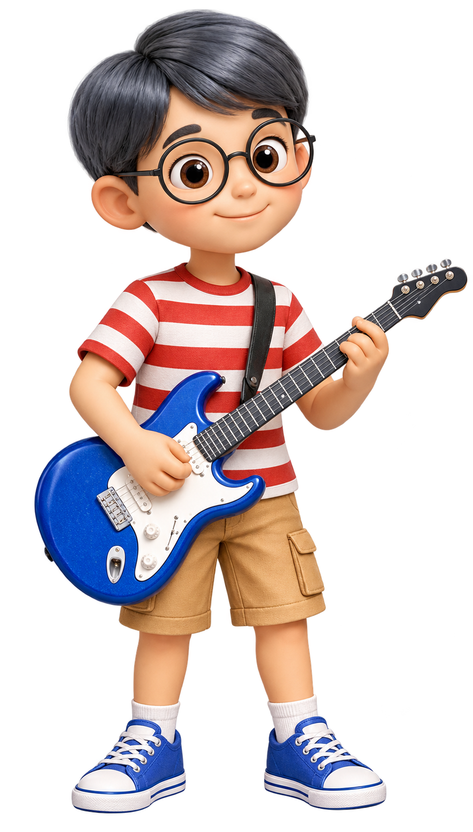 Ulric, wearing glasses and playing a blue guitar