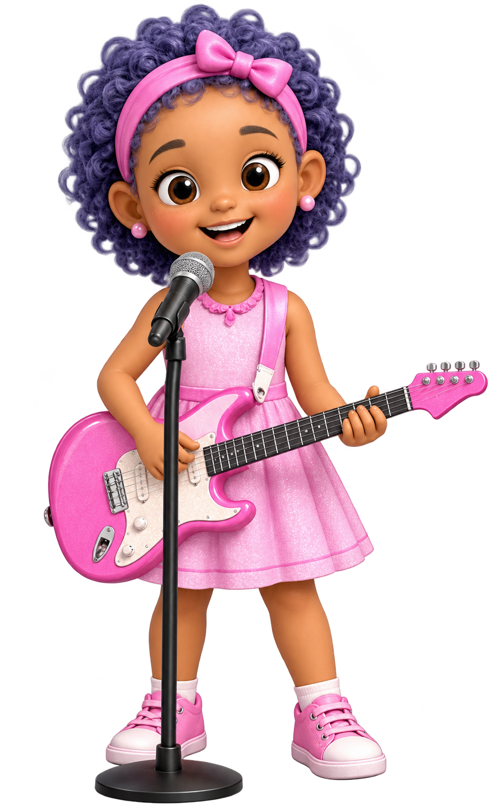 Paige, in a pink dress with her pink guitar and microphone
