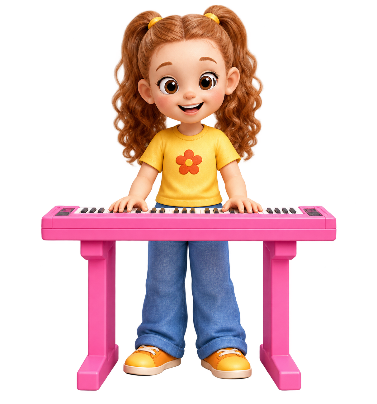 Maddy, wearing jeans and playing a pink keyboard