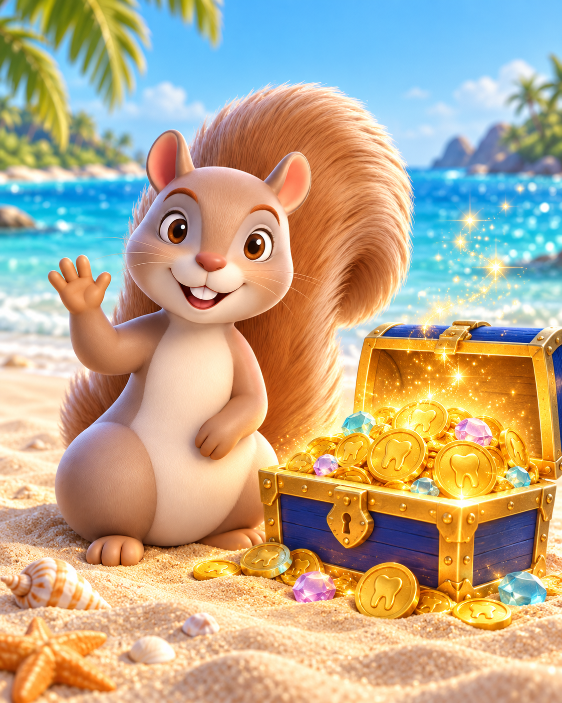 Gigi waves beside a glowing blue and gold treasure chest filled with smile tokens on a sandy tropical beach